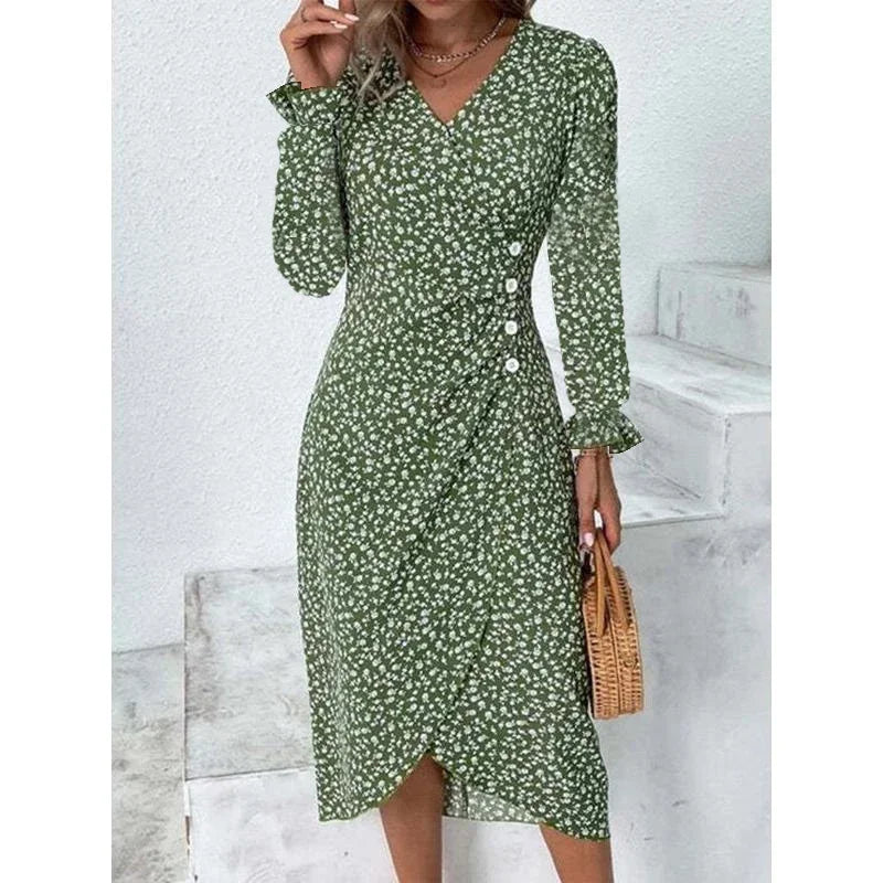 LP | Elegante abito midi a pieghe floreali con maniche a sbuffo e scollatura a V