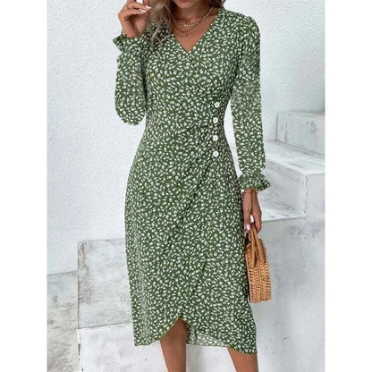 LP | Elegante abito midi a pieghe floreali con maniche a sbuffo e scollatura a V