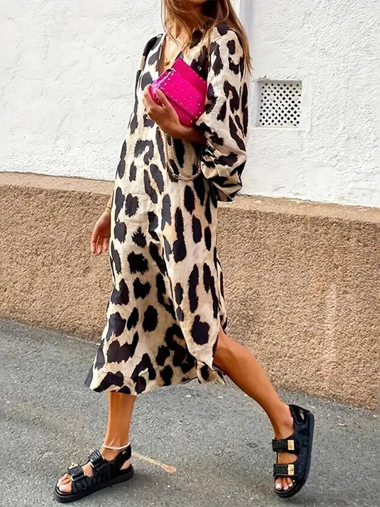 LP | Abito midi con stampa leopardata e maniche a tre quarti