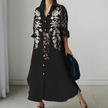 LP | Vestito camicia retrò floreale con scollo a V e tasche