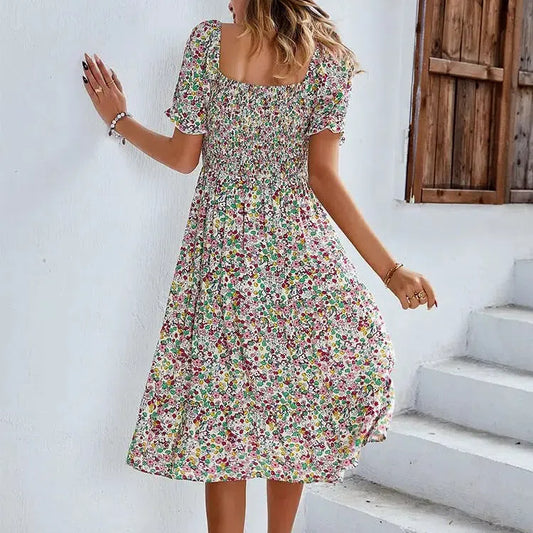 LP | Vestito con stampa bohémien Donne Nuovo Vestito Midi estivo Maniche a sbuffo