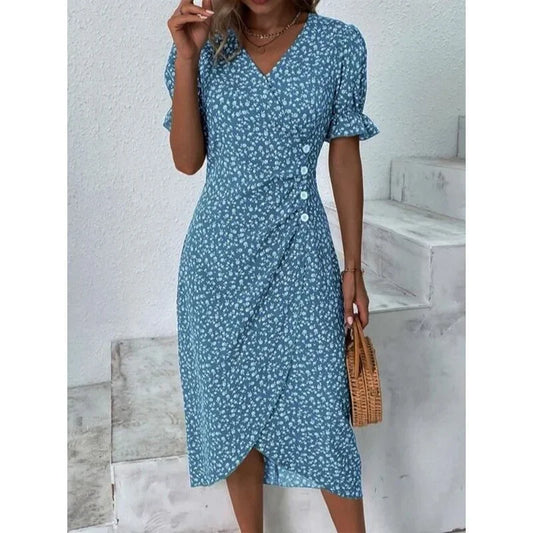 LP | Elegante abito midi a pieghe floreali con maniche a sbuffo e scollatura a V