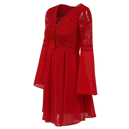 LP | Abito donna A Line Vestito corto Mini Abito manica lunga Ruffle V-Neck
