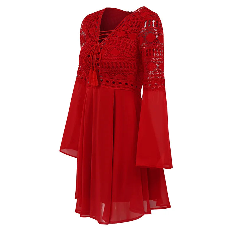 LP | Abito donna A Line Vestito corto Mini Abito manica lunga Ruffle V-Neck