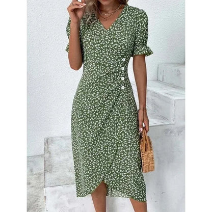LP | Elegante abito midi a pieghe floreali con maniche a sbuffo e scollatura a V