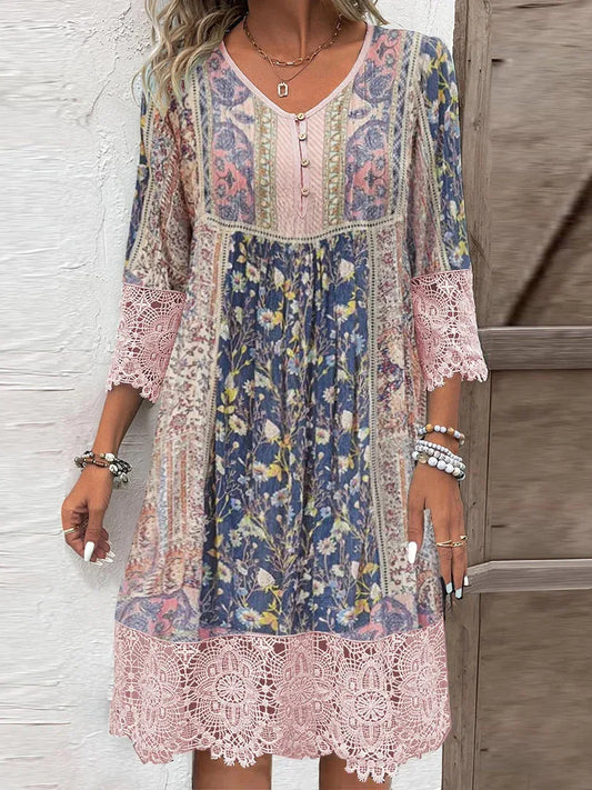 LP | Abito midi floreale con pizzo e scollatura a V
