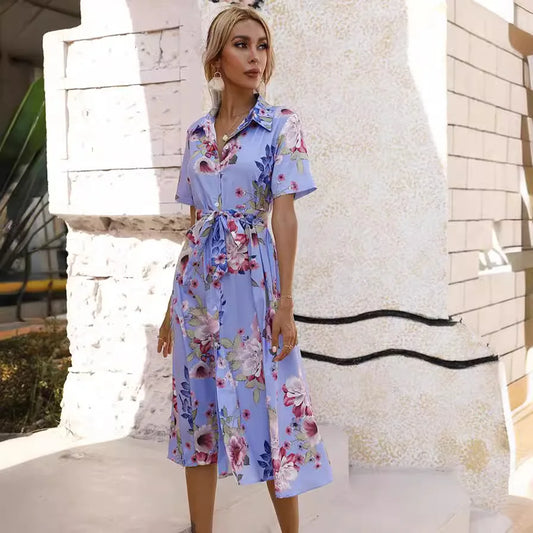 LP | Primavera Estate Donne Stampa Floreale Vestito Midi con Maniche Corte e Girare giù Collare per Casual Party e Outing