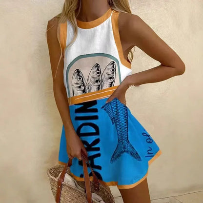 LP | Donne Stampa Puzzle Abito estivo senza maniche sopra il ginocchio Mini abito Canotta casual Abito da spiaggia per le donne