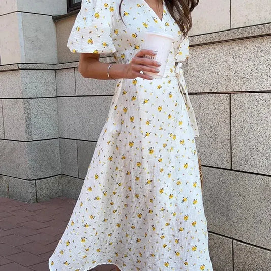 LP | Abiti estivi da donna casual 100% cotone con stampa floreale Abito midi A-Line con spacchi laterali Abito lungo elegante bianco