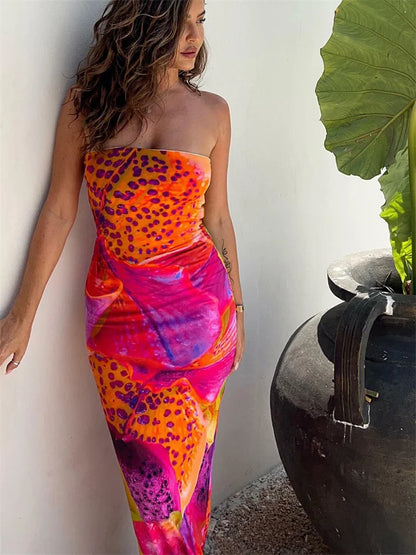 LP | Maxi abito senza spalline con stampa leopardata colorata