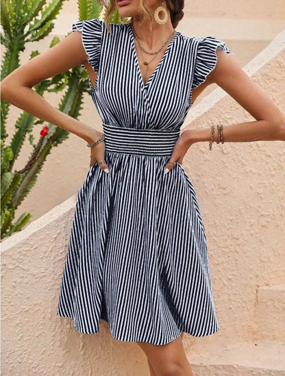 LP | Abito estivo da donna con righe e maniche a farfalla Mini abito da vacanza alla moda in stile europeo