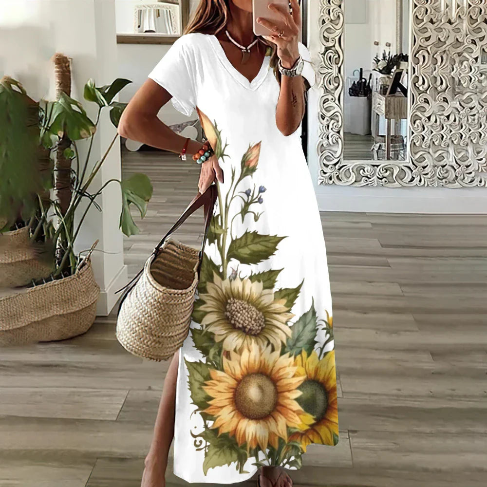 LP | Abiti grafici floreali con stampa a girasole per donne Plus Size Vestito midi elegante