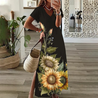 LP | Abiti grafici floreali con stampa a girasole per donne Plus Size Vestito midi elegante