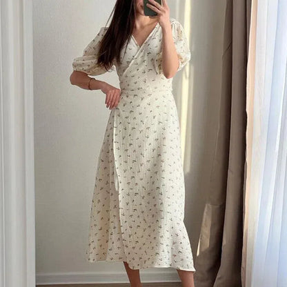 LP | Abiti estivi da donna casual 100% cotone con stampa floreale Abito midi A-Line con spacchi laterali Abito lungo elegante bianco