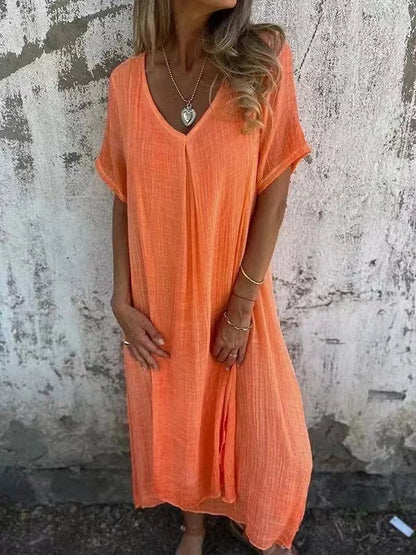 LP | Abito midi in cotone e lino con scollo a V