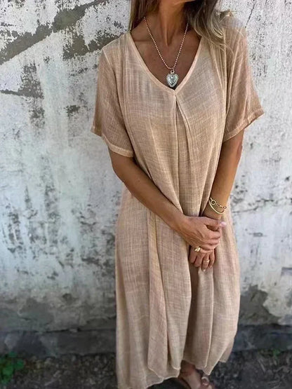 LP | Abito midi in cotone e lino con scollo a V