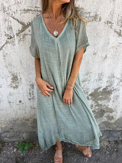 LP | Abito midi in cotone e lino con scollo a V