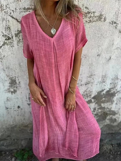 LP | Abito midi in cotone e lino con scollo a V