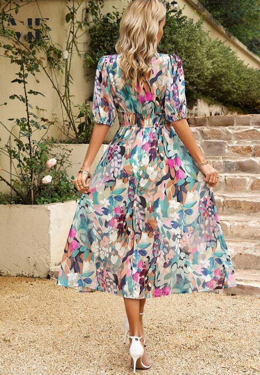 LP | Elegante abito midi floreale con maniche a sbuffo