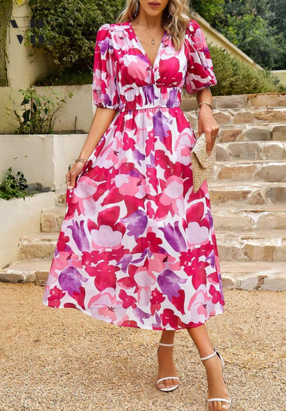 LP | Elegante abito midi floreale con maniche a sbuffo