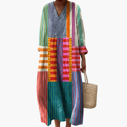 LP | Abito midi da donna a maniche lunghe con scollo a V e patchwork