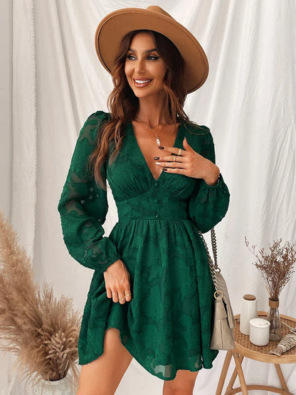 LP | 2024 Sexy mini abito boho a maniche lunghe, verde, scollato, linea A