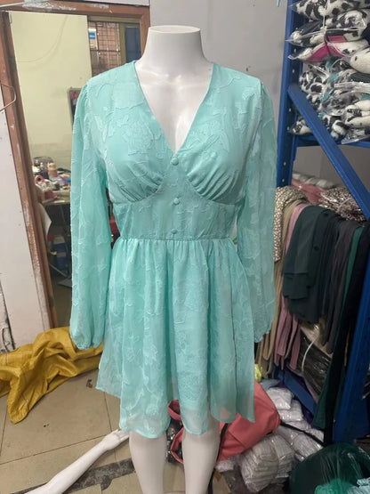 LP | 2024 Sexy mini abito boho a maniche lunghe, verde, scollato, linea A