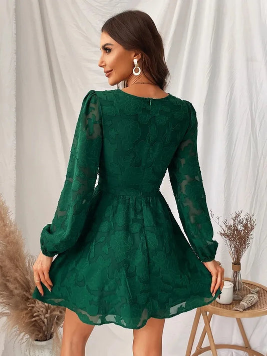 LP | 2024 Sexy mini abito boho a maniche lunghe, verde, scollato, linea A