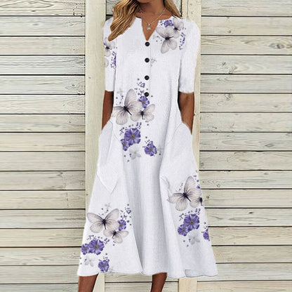 LP | Vestito midi da donna - Scollo a V - abbottonatura - maniche corte - stampa floreale a farfalla - tasche