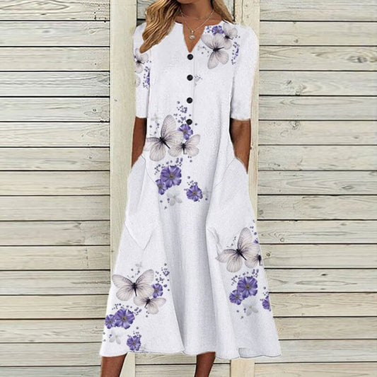 LP | Vestito midi da donna - Scollo a V - abbottonatura - maniche corte - stampa floreale a farfalla - tasche
