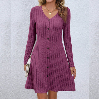 LP | Abito midi chic con scollo a V e abbottonatura in vita, maniche lunghe, monocolore