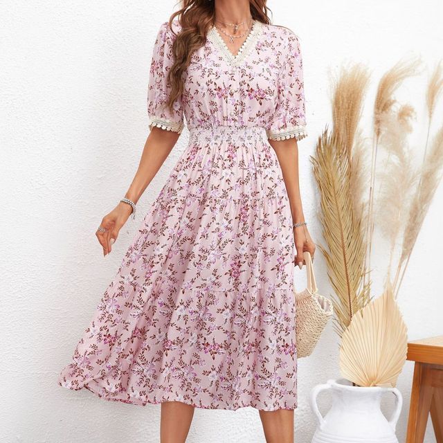 LP | Abito midi con scollo a V e motivo floreale in linea A FR1061