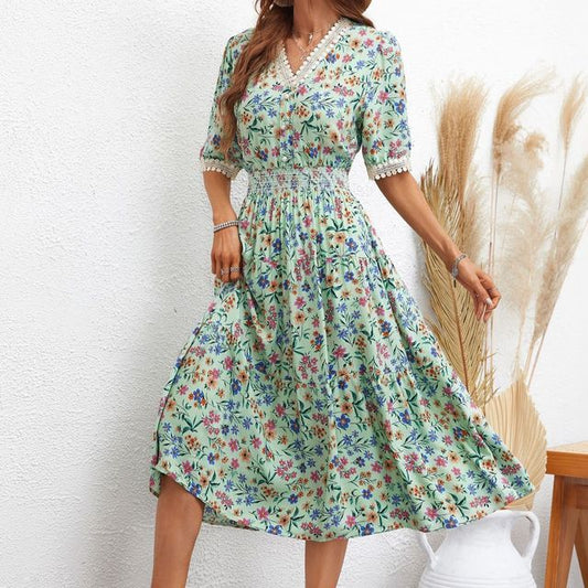 LP | Abito midi con scollo a V e motivo floreale in linea A FR1061