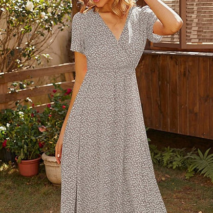 LP | Abito midi con scollo a V e motivo floreale in linea A FR102