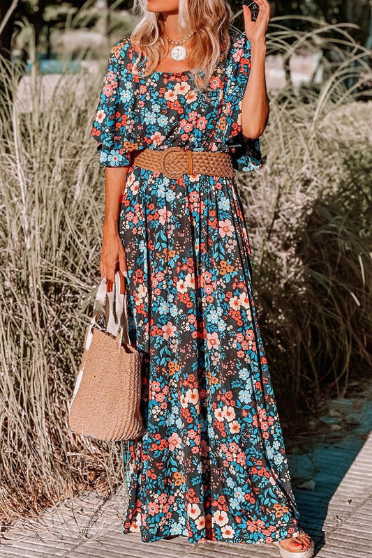 LP | Sky Blue Boho Floral Print Knotted Backless Maxi Dress (Maxi abito senza schienale)