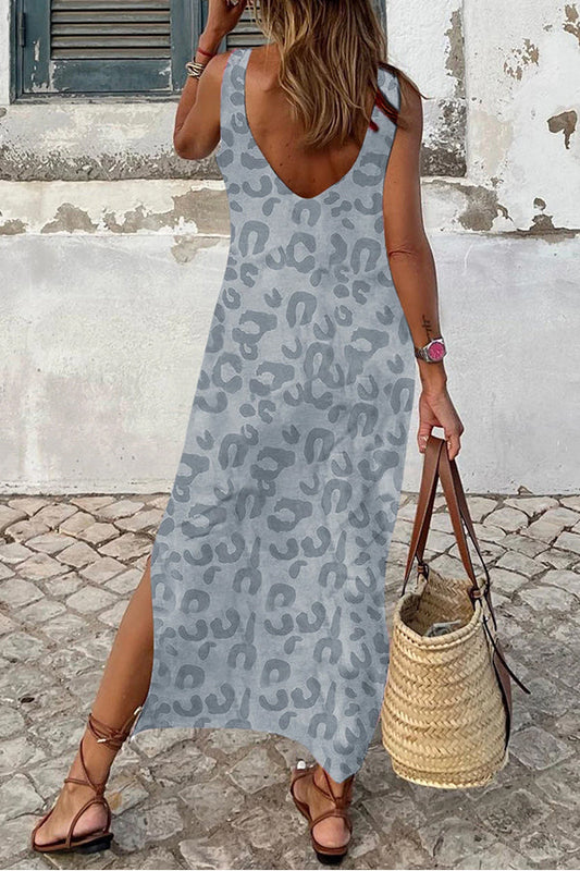 LP | Maxi abito casual grigio con stampa leopardata e spacchi laterali