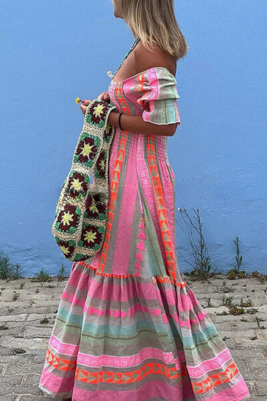 LP | Music Festival Abito con tasche geometriche a blocchi di colore Maxi abito boho in stile smocked