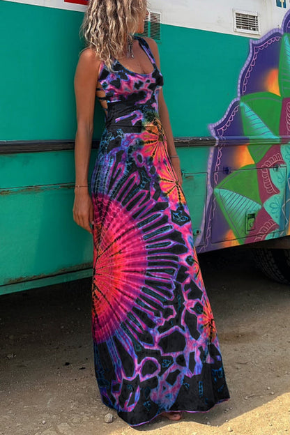LP | La Bamba - maxi abito elasticizzato con stampa tie-dye e allacciatura posteriore