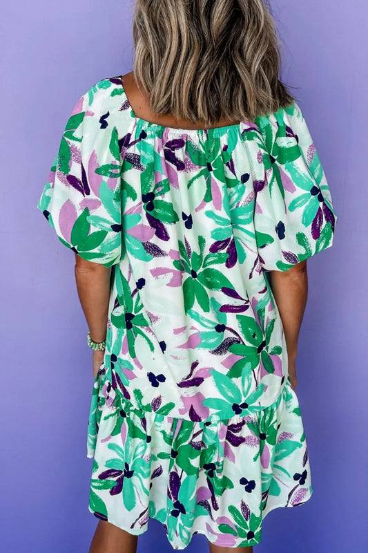 LP | Stampa floreale Scollo quadrato arricciato Mini abito loose-fit