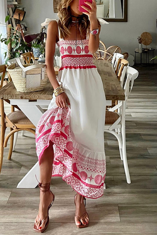 LP | Malibu Villa Maxi abito etnico stampato con spalle smocked