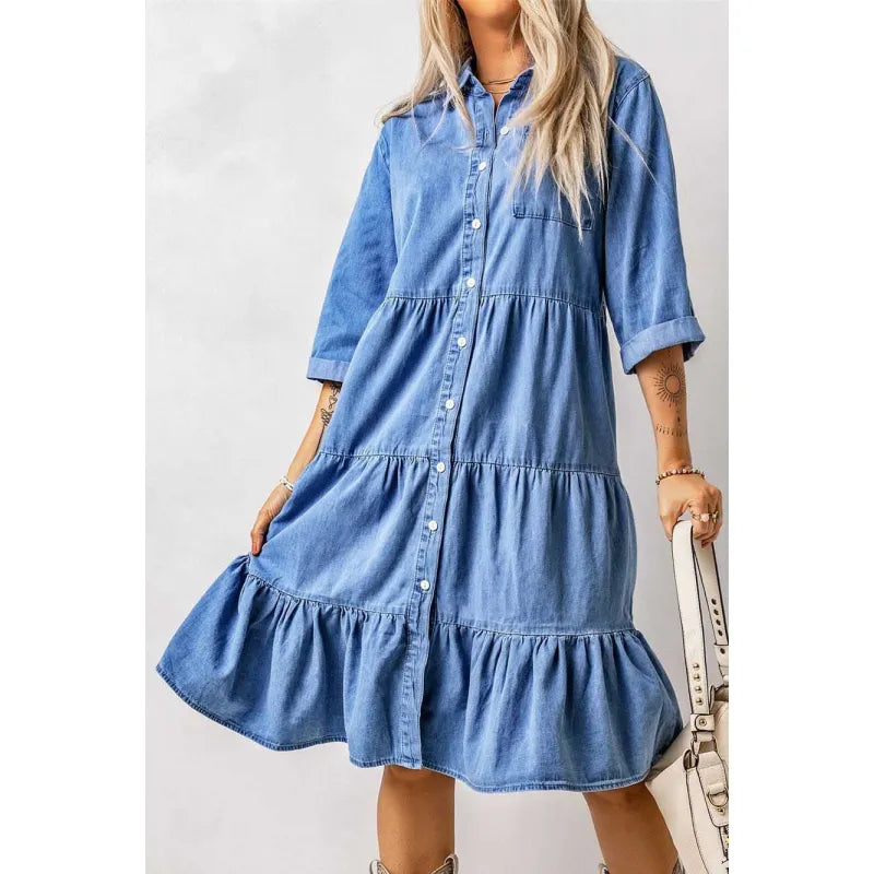 LP | Mini abito in chambray con volant e abbottonatura in denim