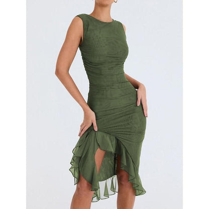 LP | Elegante abito midi senza schienale con volant