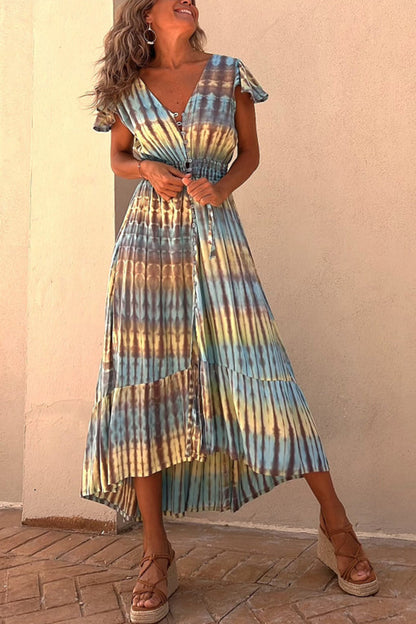 LP | Lorina - Vestito midi senza schienale con bottoni e stampa tie-dye