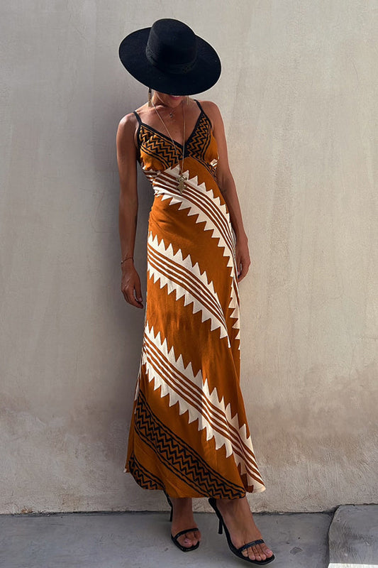 LP | Always Falling - Vestito midi in raso con stampa etnica e schiena smockata