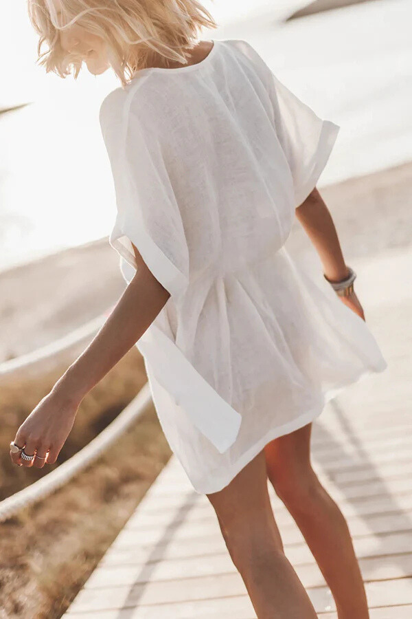 LP | mini abito kimono con cintura da taschino in misto cotone e lino