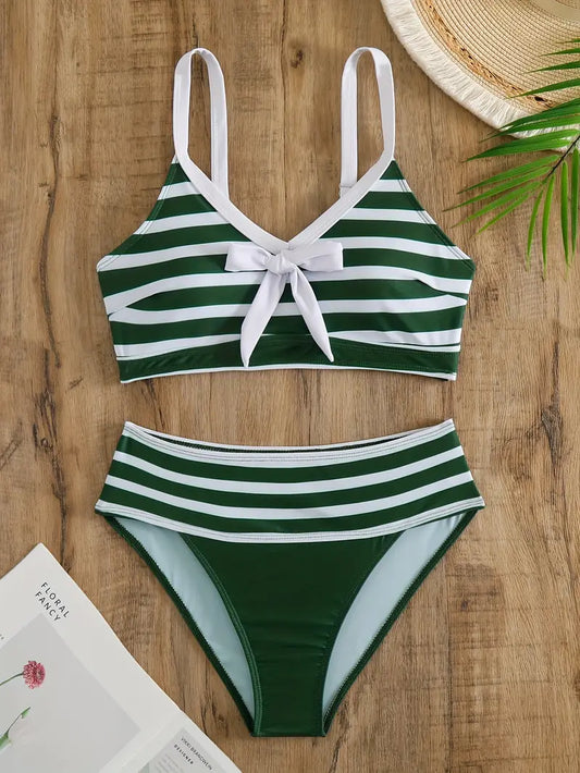LP | Sexy bikini con nodo a fiocco stampato a righe e scollo a V