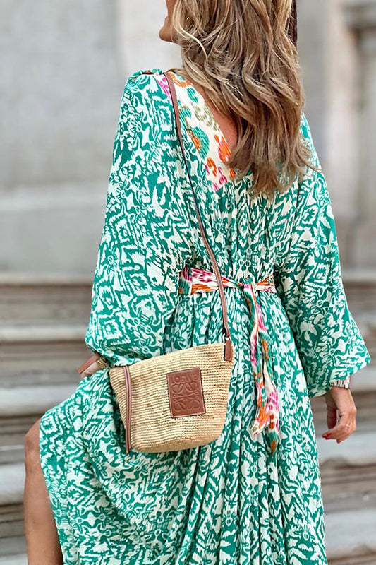 LP | Ledell Maxi abito verde con scollo a V e stampa di totem