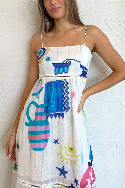 LP | She's The Fun Vestito midi in misto lino con stampa giocosa e bordo a scaletta