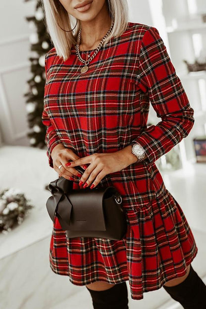 LP | Modello a quadri alla moda maniche lunghe scollo rotondo mini abito sottile