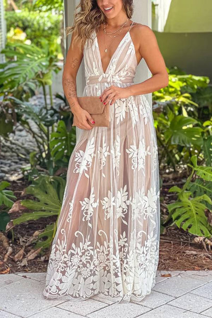 LP | Maxi abito in tulle floreale incrociato sul retro, bianco e beige